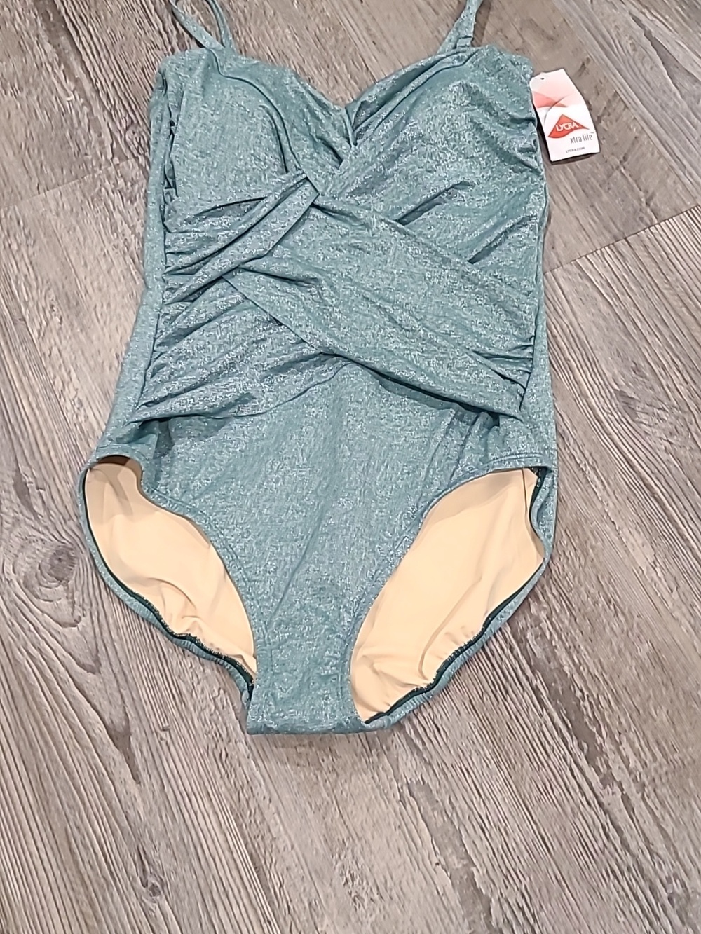 Lands' End Slender Suit Shine Bandeau Tummy Control High Leg One Piece Suit Sage - Picture 6 of 7